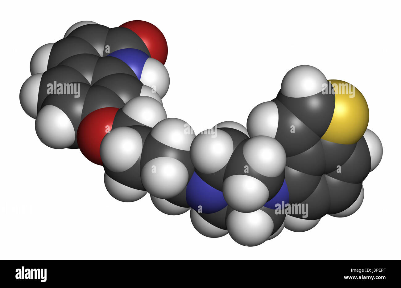 Brexpiprazole antipsychotic drug molecule. Atoms are represented as spheres with conventional color coding: hydrogen (white), carbon (grey), oxygen (r Stock Photo
