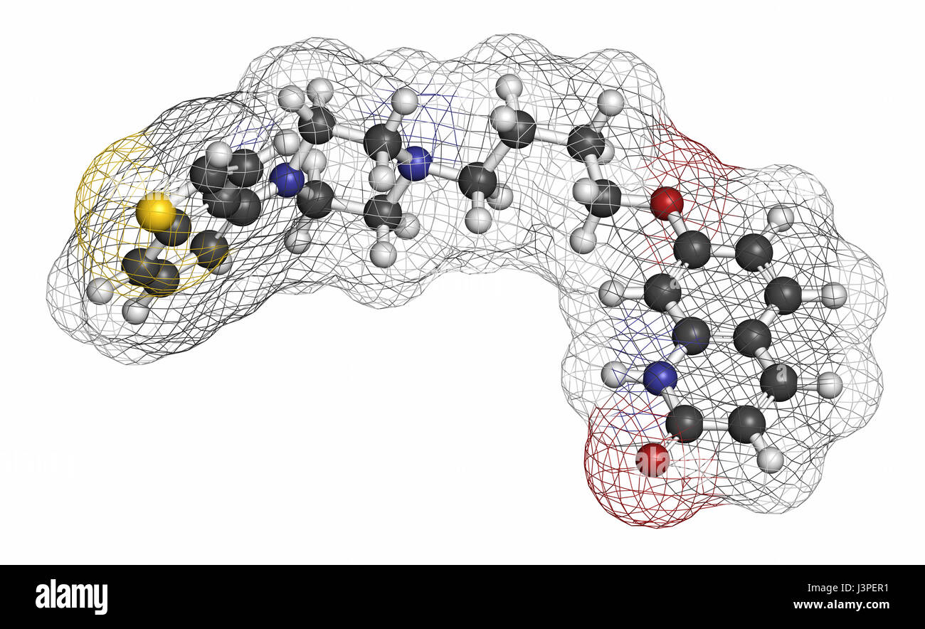 Brexpiprazole antipsychotic drug molecule. Atoms are represented as spheres with conventional color coding: hydrogen (white), carbon (grey), oxygen (r Stock Photo