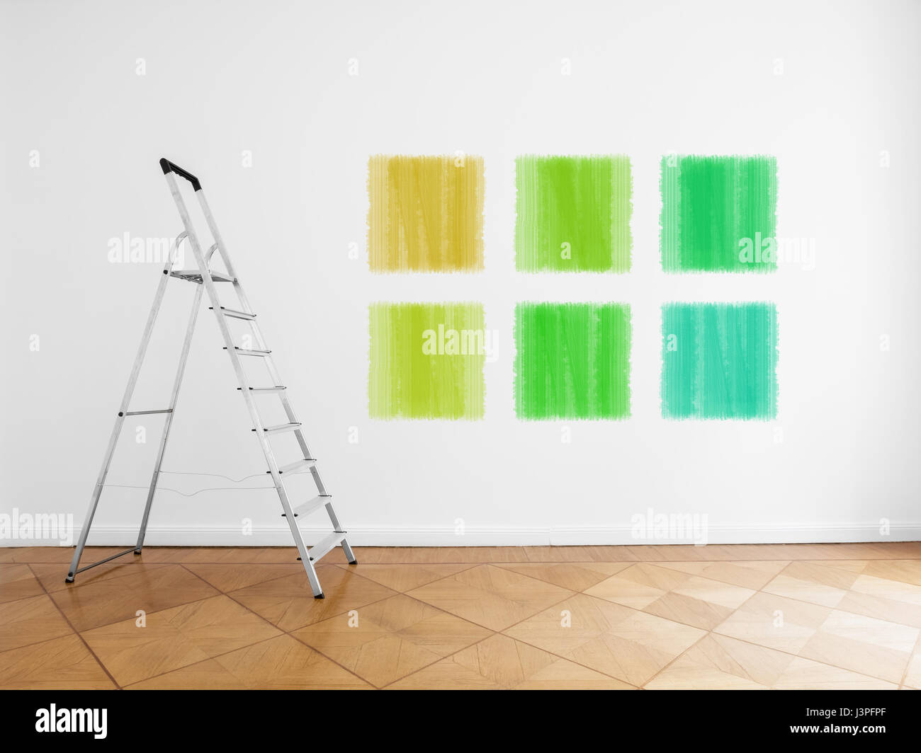 room with ladder and colored paint samples on wall Stock Photo Alamy