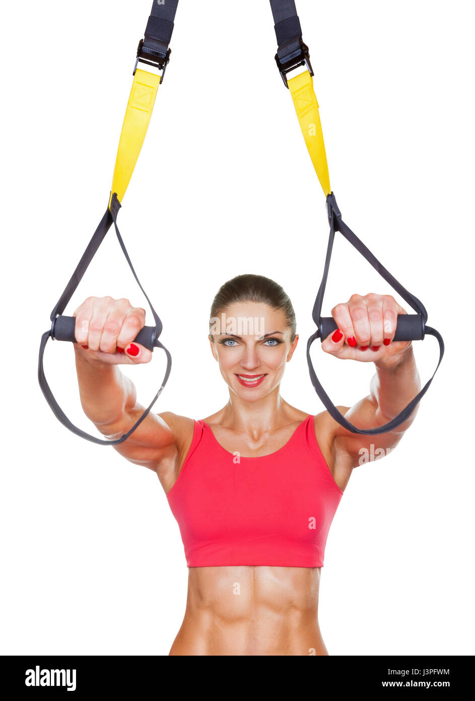 Athletic woman with functional loops for training isolated on white background Stock Photo Alamy