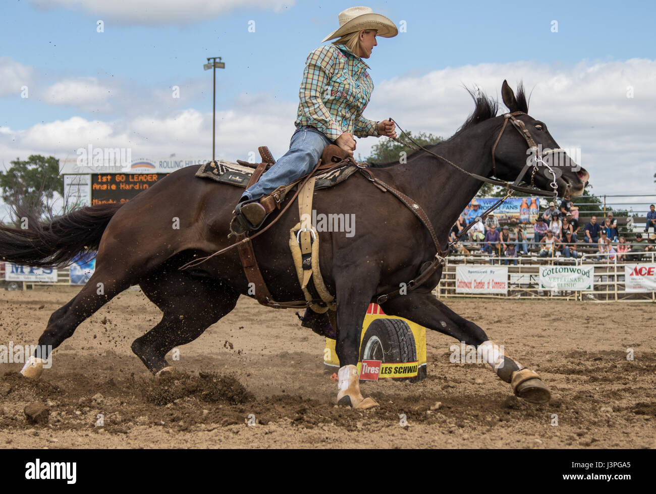 Barrel racing action at the rodeo in Cottonwood, California Stock Photo ...