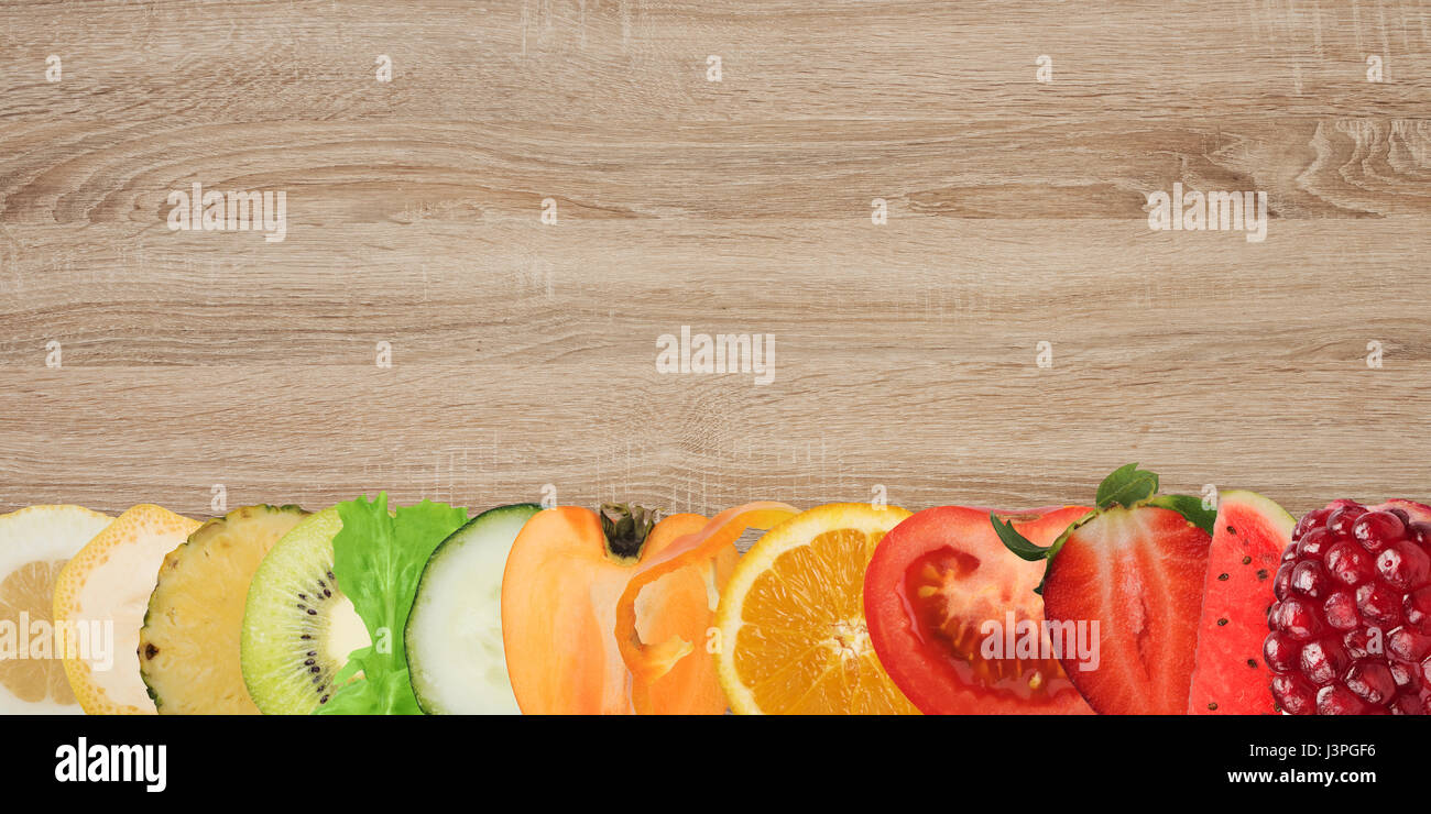 Fruit banner on wood background Stock Photo