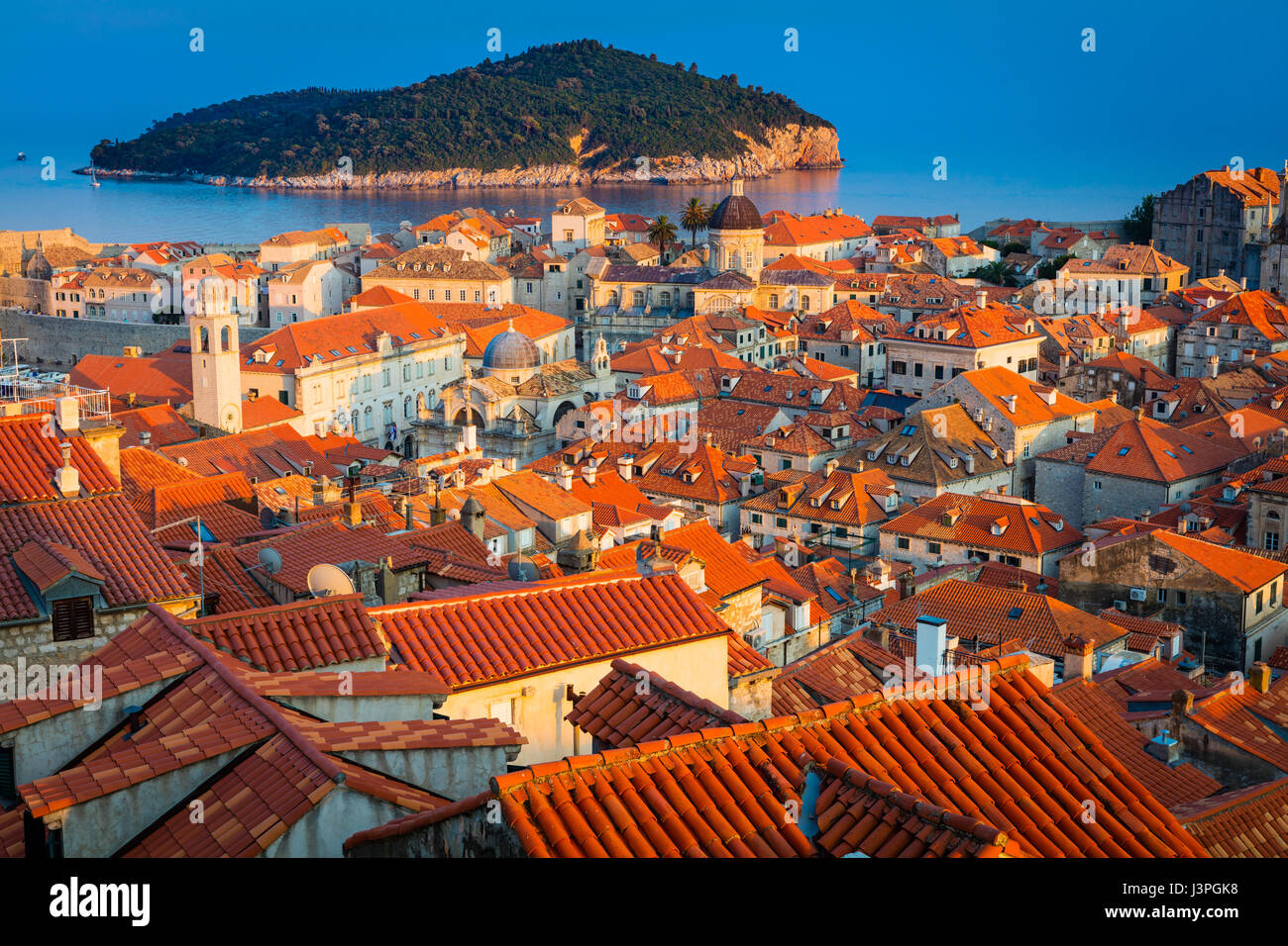 Dubrovnik, Croatia, with its characteristic medieval city walls. Dubrovnik is a Croatian city on the Adriatic Sea, in the region of Dalmatia. It is on Stock Photo