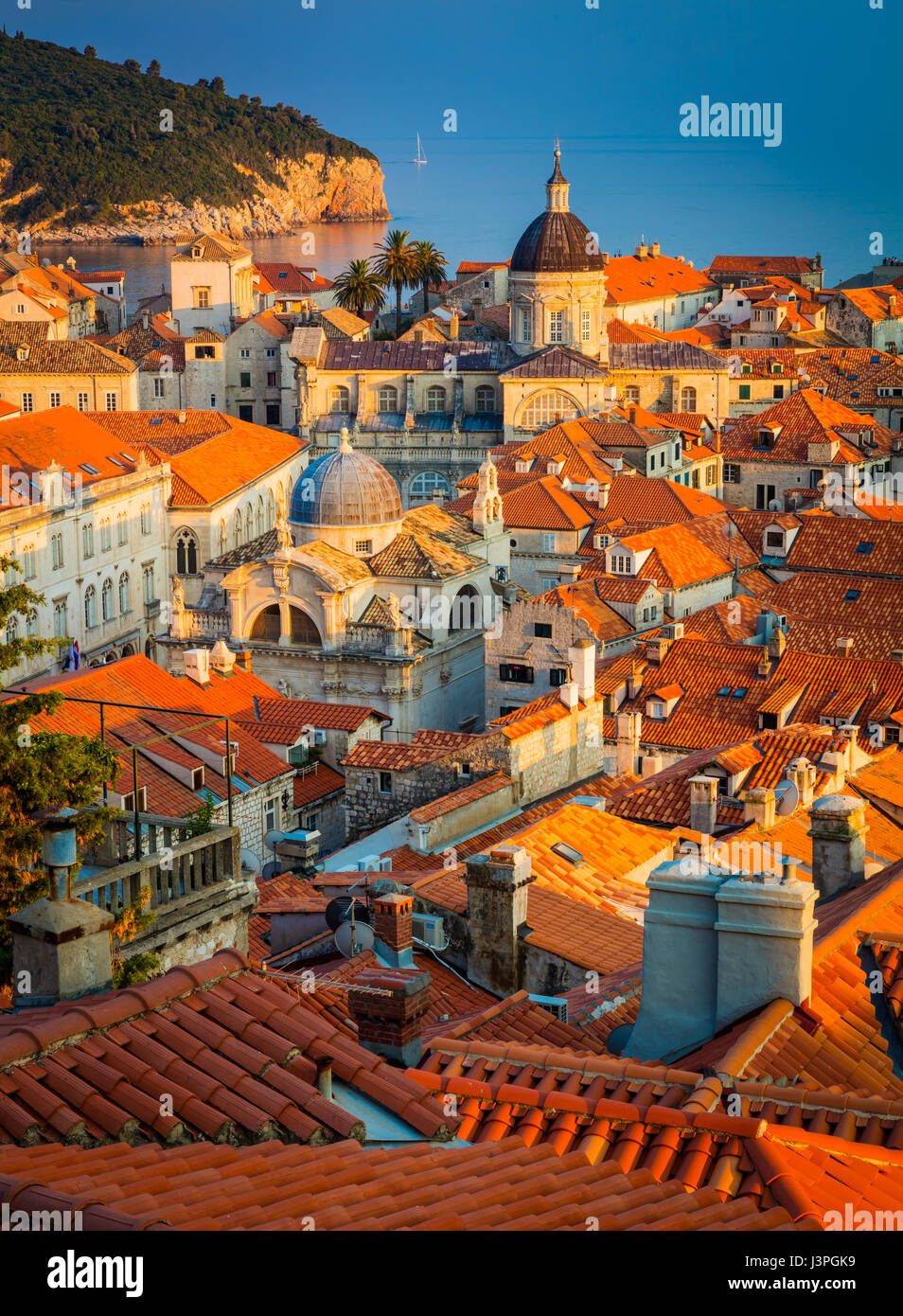 Dubrovnik, Croatia, with its characteristic medieval city walls. Dubrovnik is a Croatian city on the Adriatic Sea, in the region of Dalmatia. It is on Stock Photo