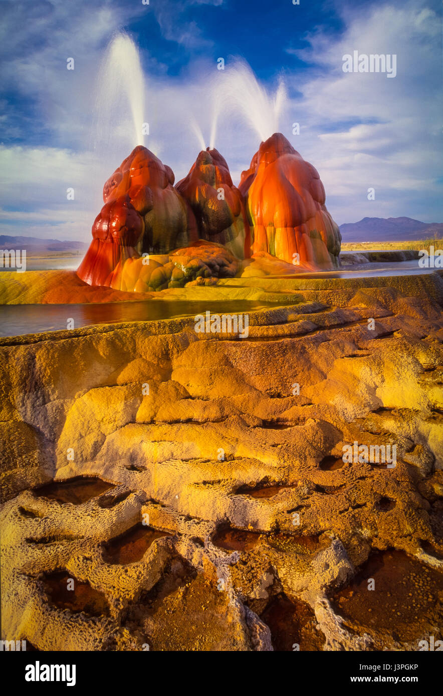The continuous Fly Geyser in the Black Rock Desert of Nevada, USA Stock Photo