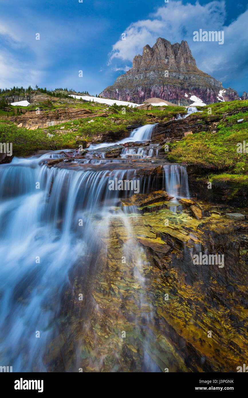 Glacier National Park is a national park located in the U.S. state of Montana, on the Canada–United States border with the Canadian provinces of Alber Stock Photo