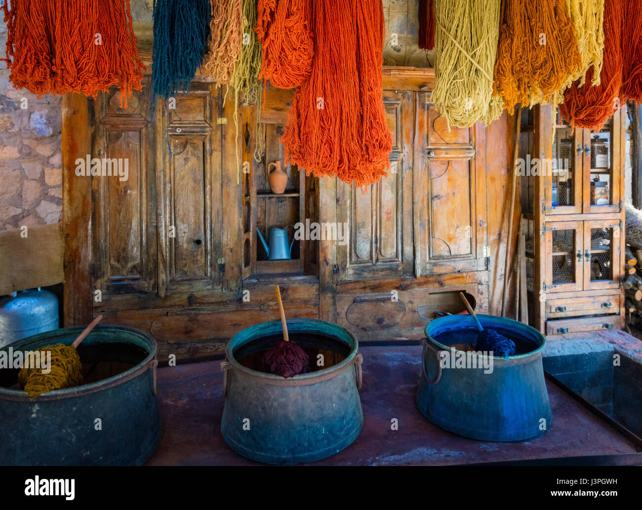 Yarn and dyes for rug making in Turkey Stock Photo
