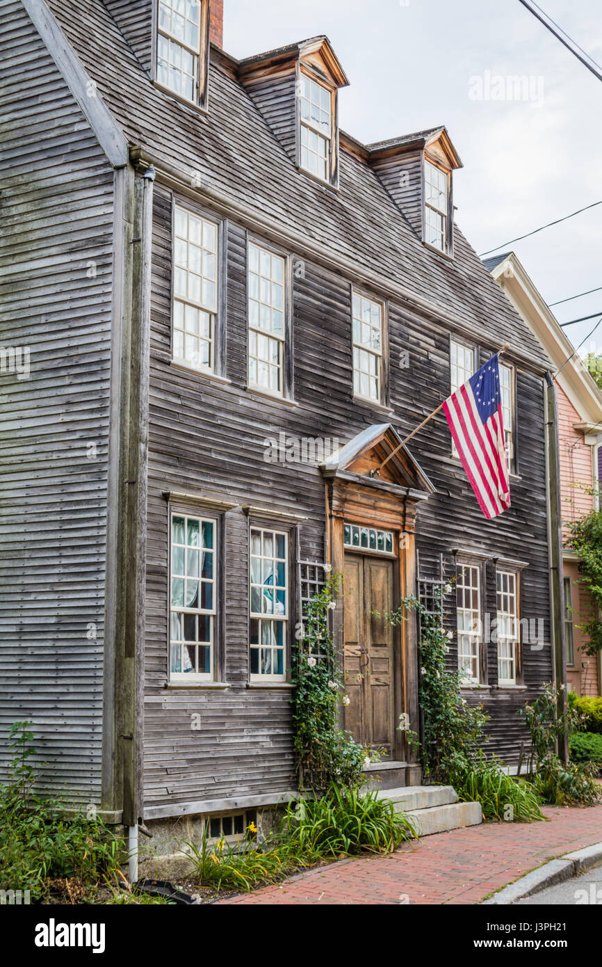 Historic New England style home displaying early American Flag in Portsmouth, NH, historic district Stock Photo