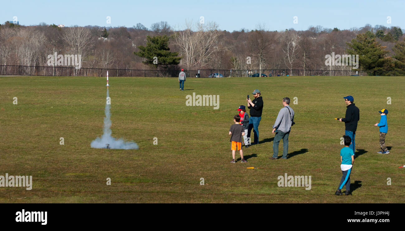 Crowd watching a model rocket launching at Millennium Park, Boston Stock Photo Alamy