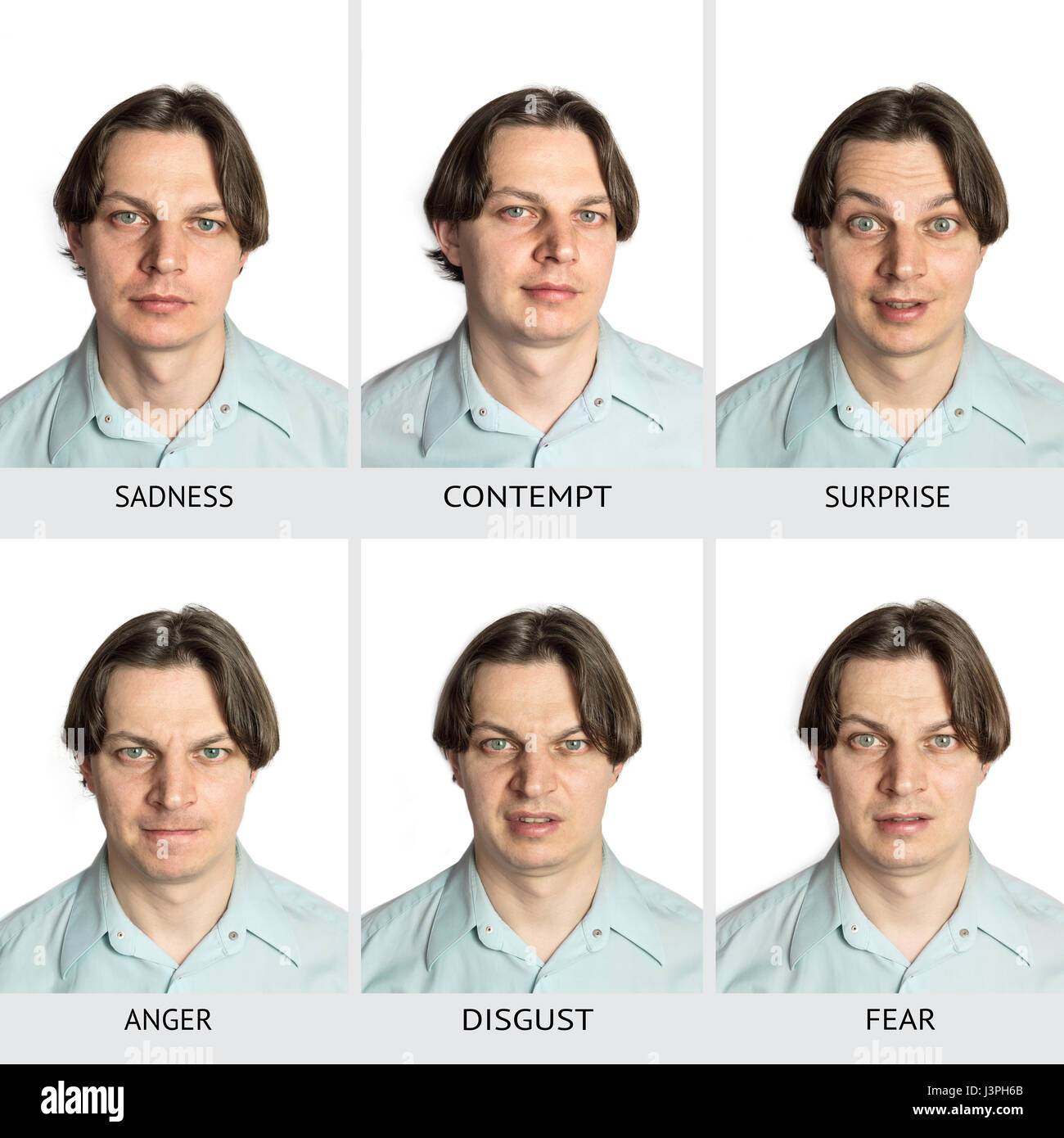 A chart of six basic human microexpressions. A Caucasian male showing sadness, contempt, surprise, anger, disgust, fear Stock Photo