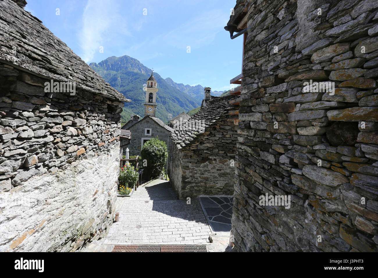 Switzerland, Mountain Village Sonogno Verzascatal, Tessin, Stock Photo