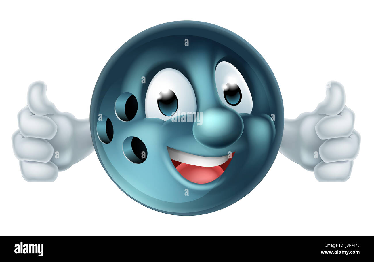 Cartoon bowling ball man mascot character doing a double thumbs up