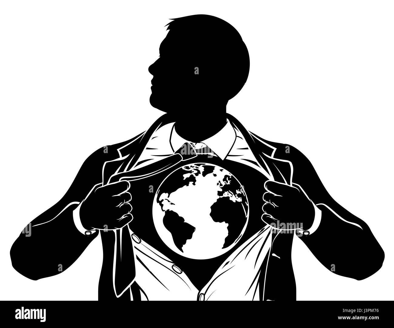 A superhero business man tearing his shirt showing the chest of his costume underneath with a world earth globe. Stock Photo