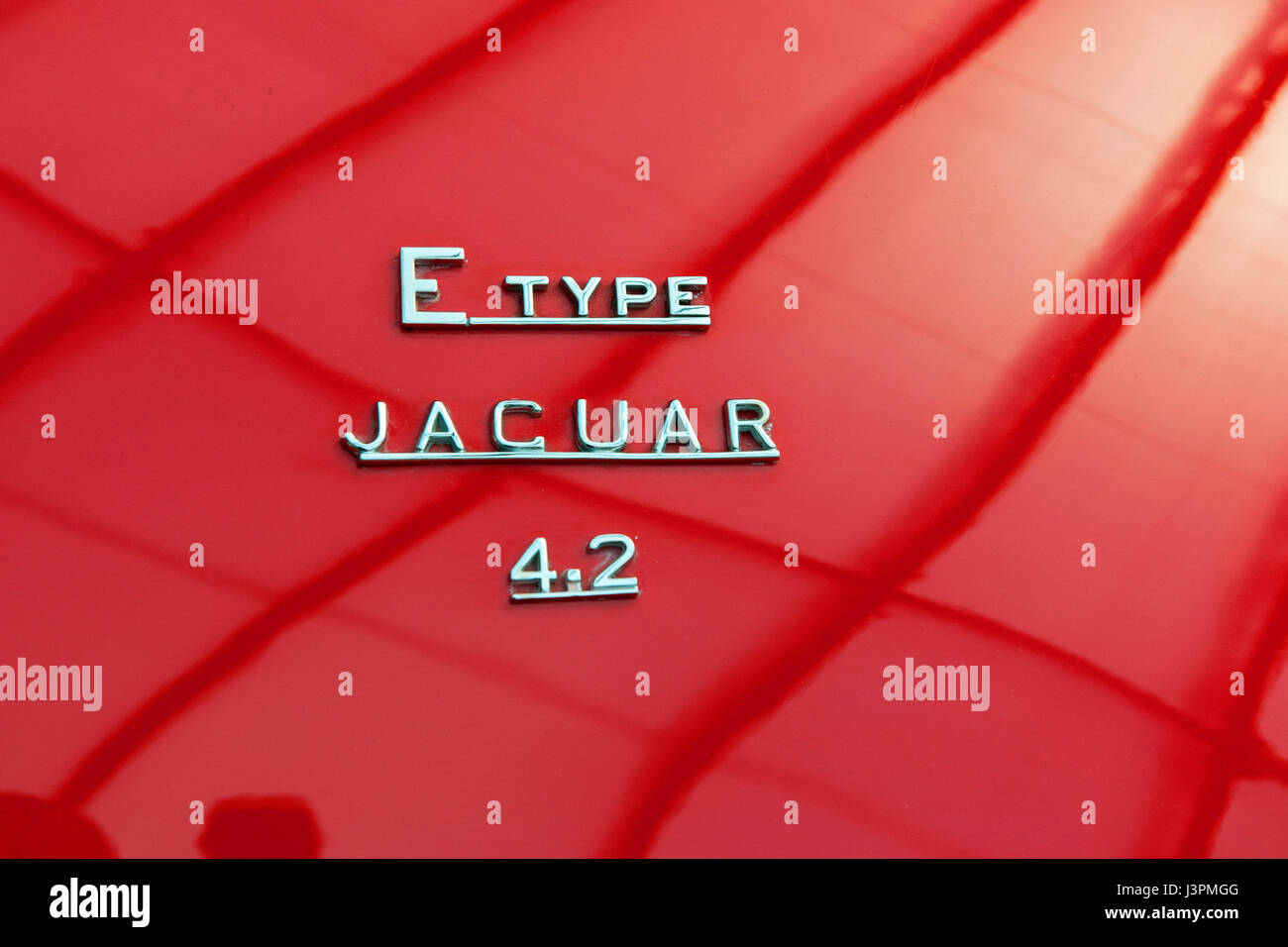 Classic lettering on Jaguar E Type 4.2 engine, classic car, sportscar, 1960ies, british car Stock Photo