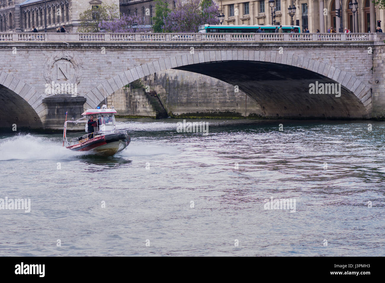 A firefighters' rescue boat on the river Seine. Stock Photo