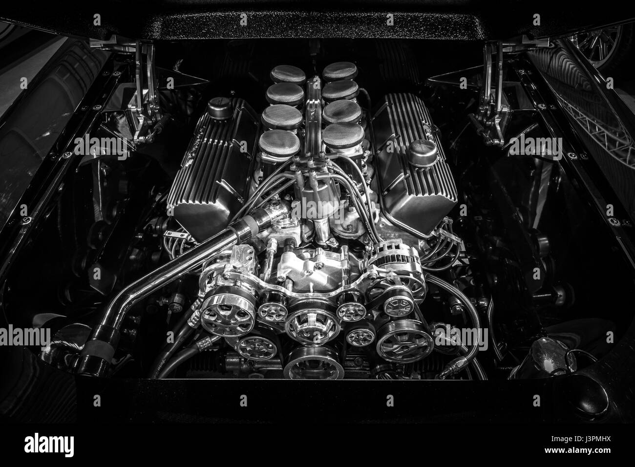 STUTTGART, GERMANY - MARCH 03, 2017: The fuel injected 460 big block the Ford engine (550 HP, 7,5L) of the Ford Mustang, 1967. Black and white.  Europe's greatest classic car exhibition 'RETRO CLASSICS' Stock Photo