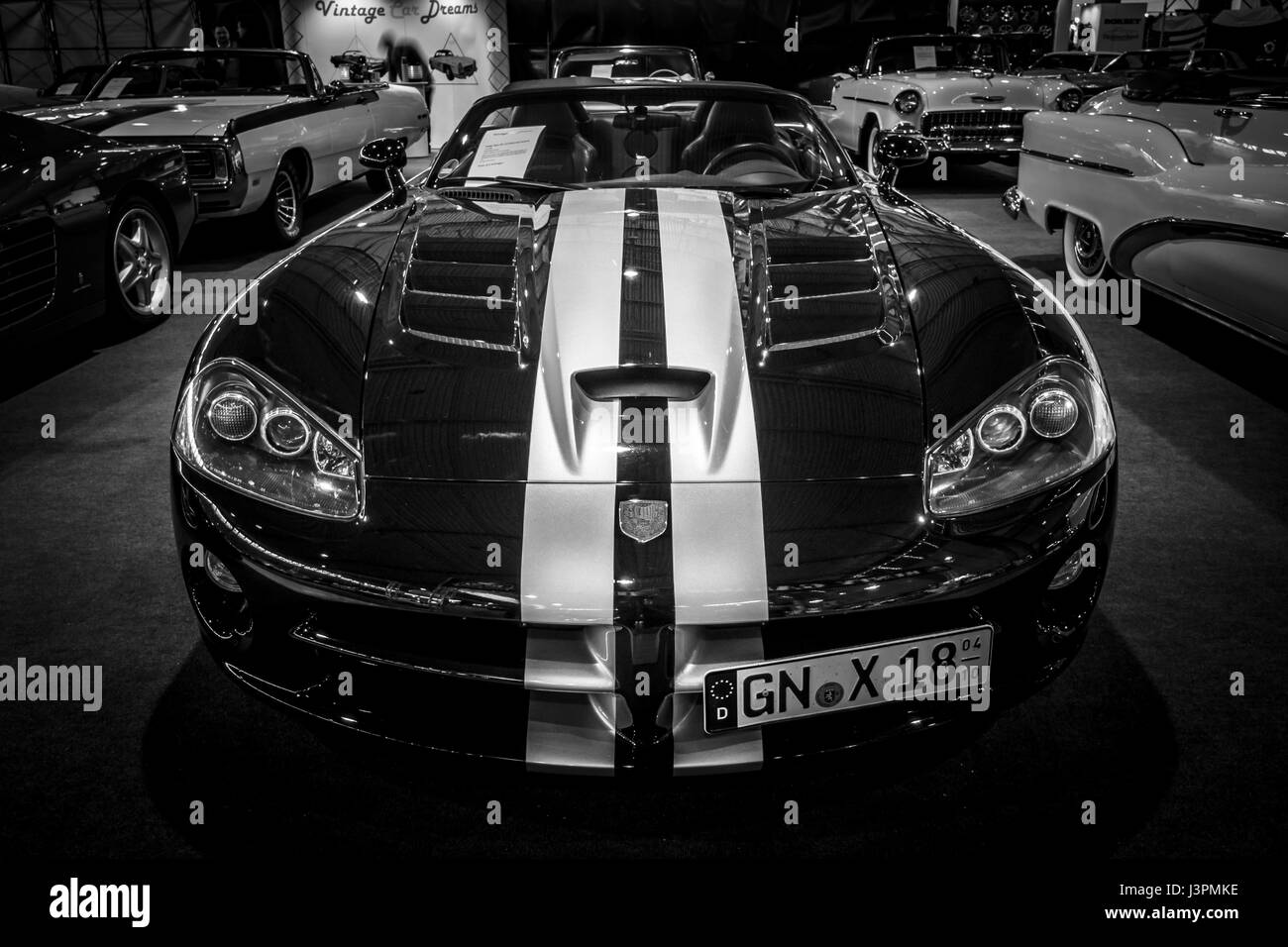 STUTTGART, GERMANY - MARCH 03, 2017: Sports car Dodge Viper SRT-10, 2008. Black and white. Europe's greatest classic car exhibition 'RETRO CLASSICS' Stock Photo