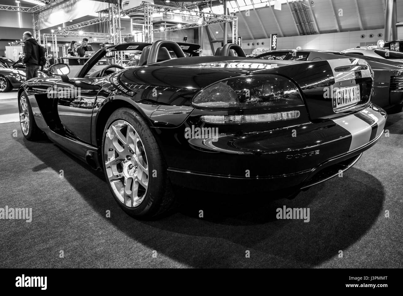 STUTTGART, GERMANY - MARCH 03, 2017: Sports car Dodge Viper SRT-10, 2008. Rear view. Black and white.  Europe's greatest classic car exhibition 'RETRO CLASSICS' Stock Photo