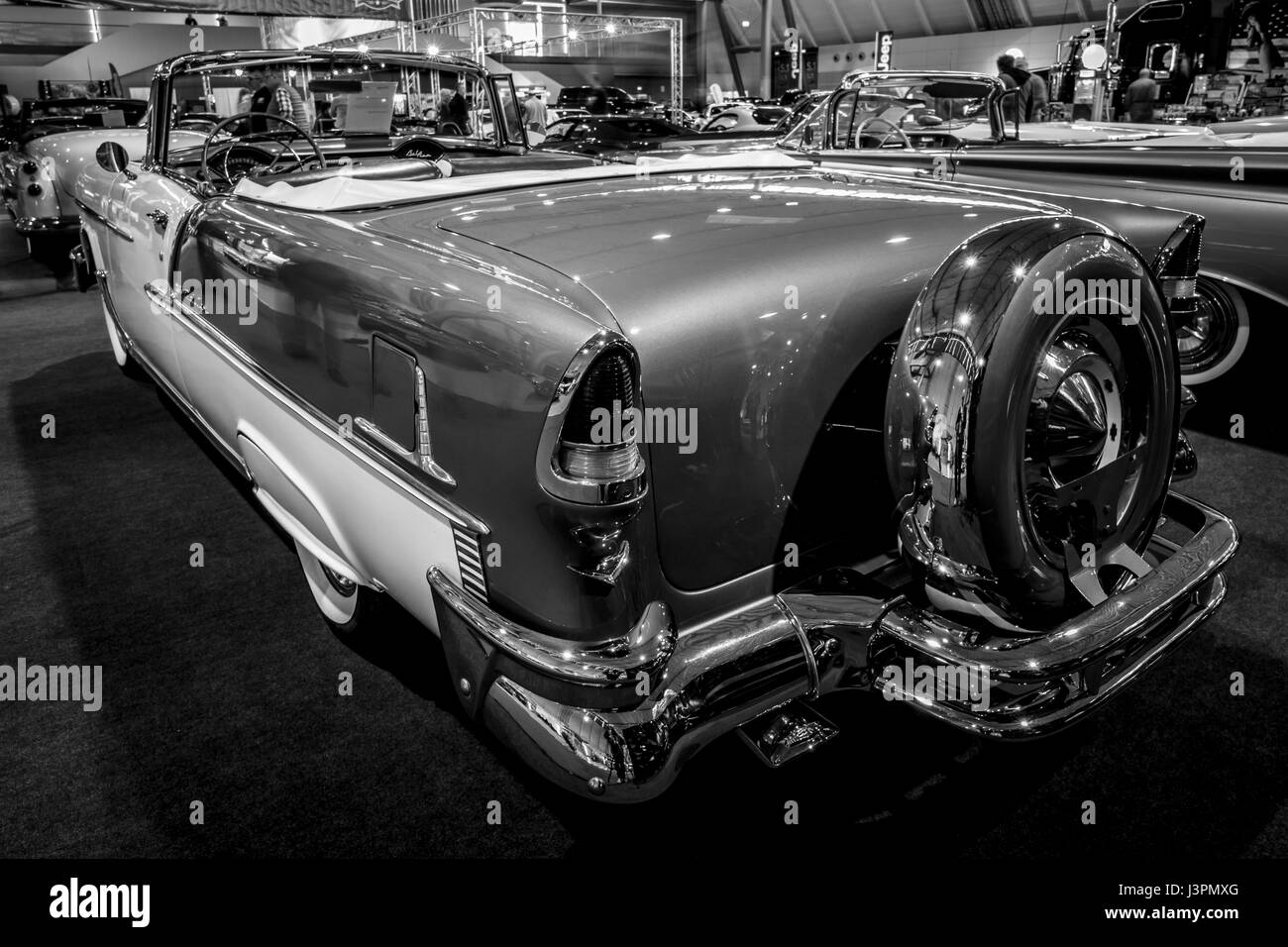 STUTTGART, GERMANY - MARCH 03, 2017: Full-size car Chevrolet Bel Air Convertible, 1955. Rear view. Black and white. Europe's greatest classic car exhibition 'RETRO CLASSICS' Stock Photo