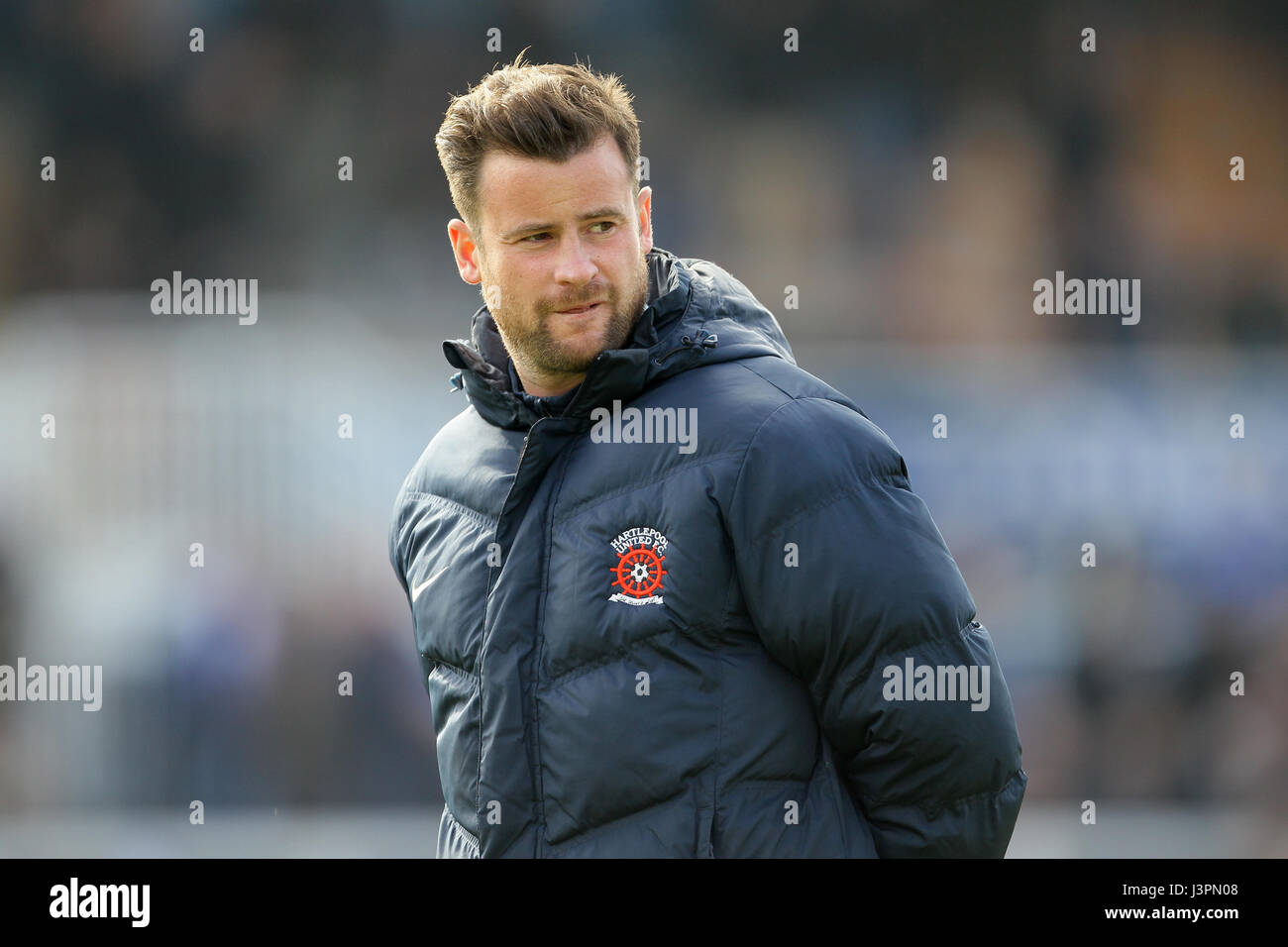 Hartlepool United manager Matthew Bates during the Sky Bet League Two match at the Northern Gas and power Stadium, Hartlepool. Stock Photo