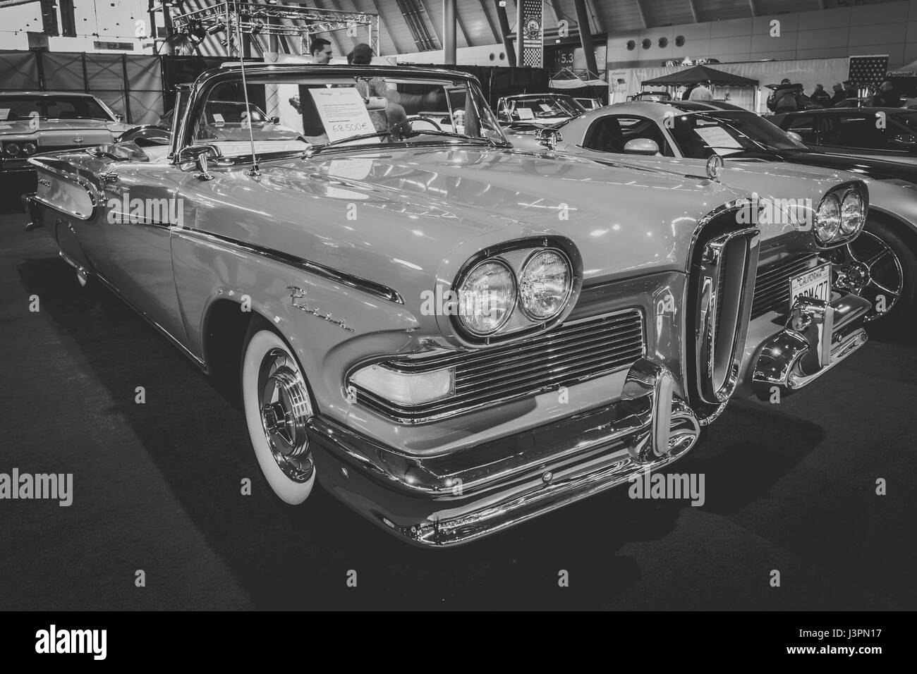 STUTTGART, GERMANY - MARCH 03, 2017: Full-size car Edsel Pacer Convertible, 1958. Vintage stylization. Black and white. Europe's greatest classic car exhibition 'RETRO CLASSICS' Stock Photo