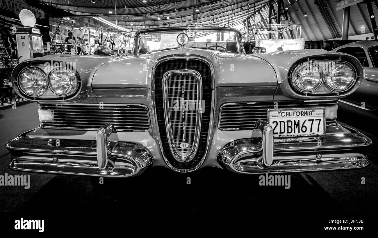 STUTTGART, GERMANY - MARCH 03, 2017: Full-size car Edsel Pacer Convertible, 1958. Black and white. Europe's greatest classic car exhibition 'RETRO CLASSICS' Stock Photo