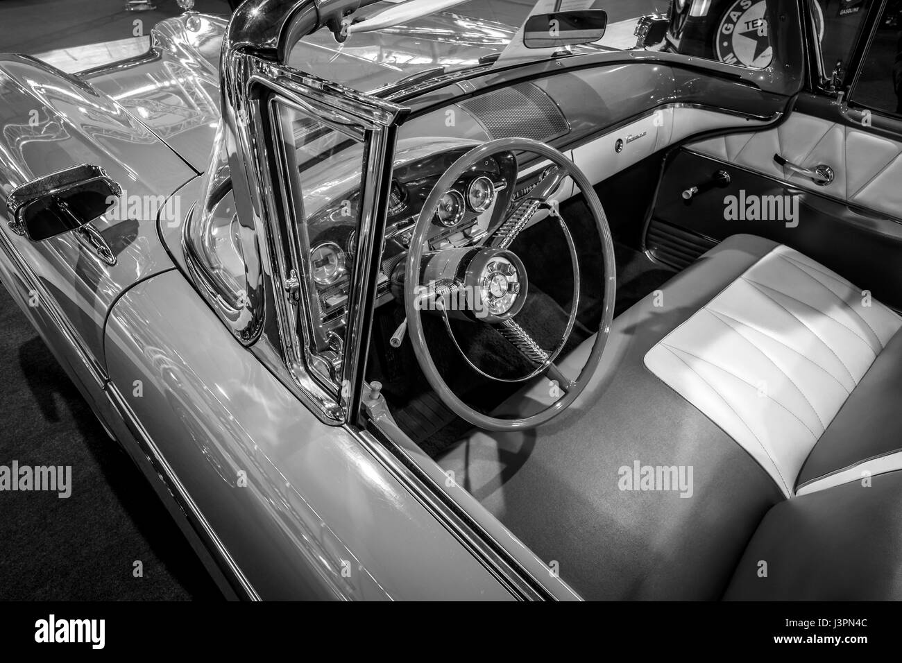 STUTTGART, GERMANY - MARCH 03, 2017: Interior of a full-size car Edsel Pacer Convertible, 1958. Black and white. Europe's greatest classic car exhibition 'RETRO CLASSICS' Stock Photo