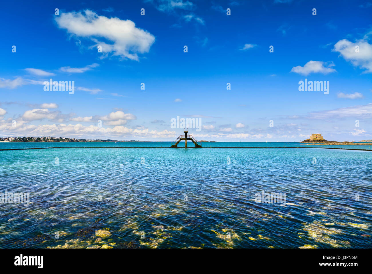 Saint Malo pool view, old diving boards and fort. Brittany, France, Europe Stock Photo
