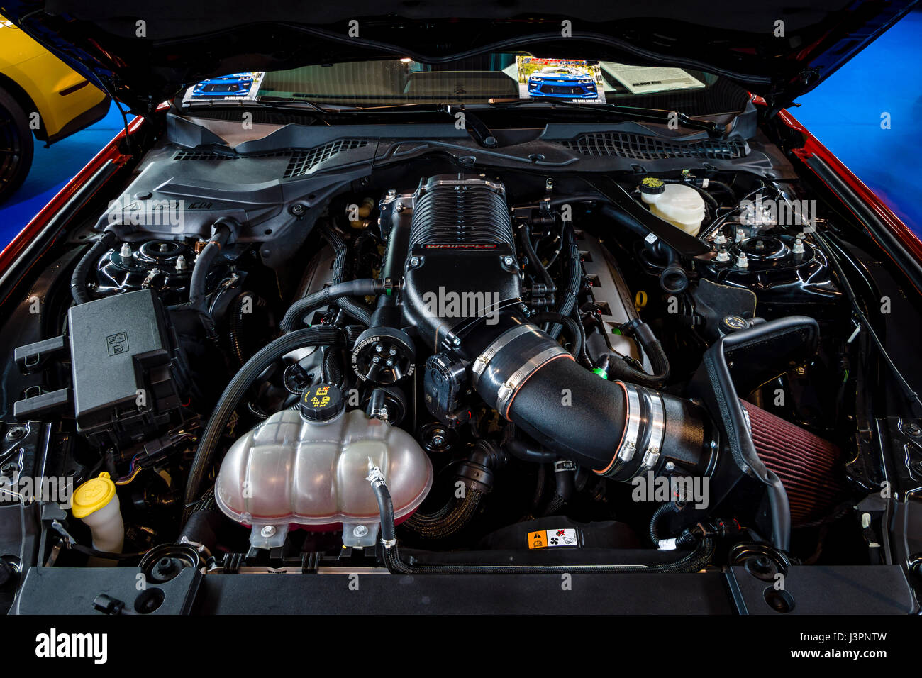 STUTTGART, GERMANY - MARCH 03, 2017: Engine of the Ford Mustang GT V8 Supercharged, 2017. Close-up. Europe's greatest classic car exhibition 'RETRO CLASSICS' Stock Photo