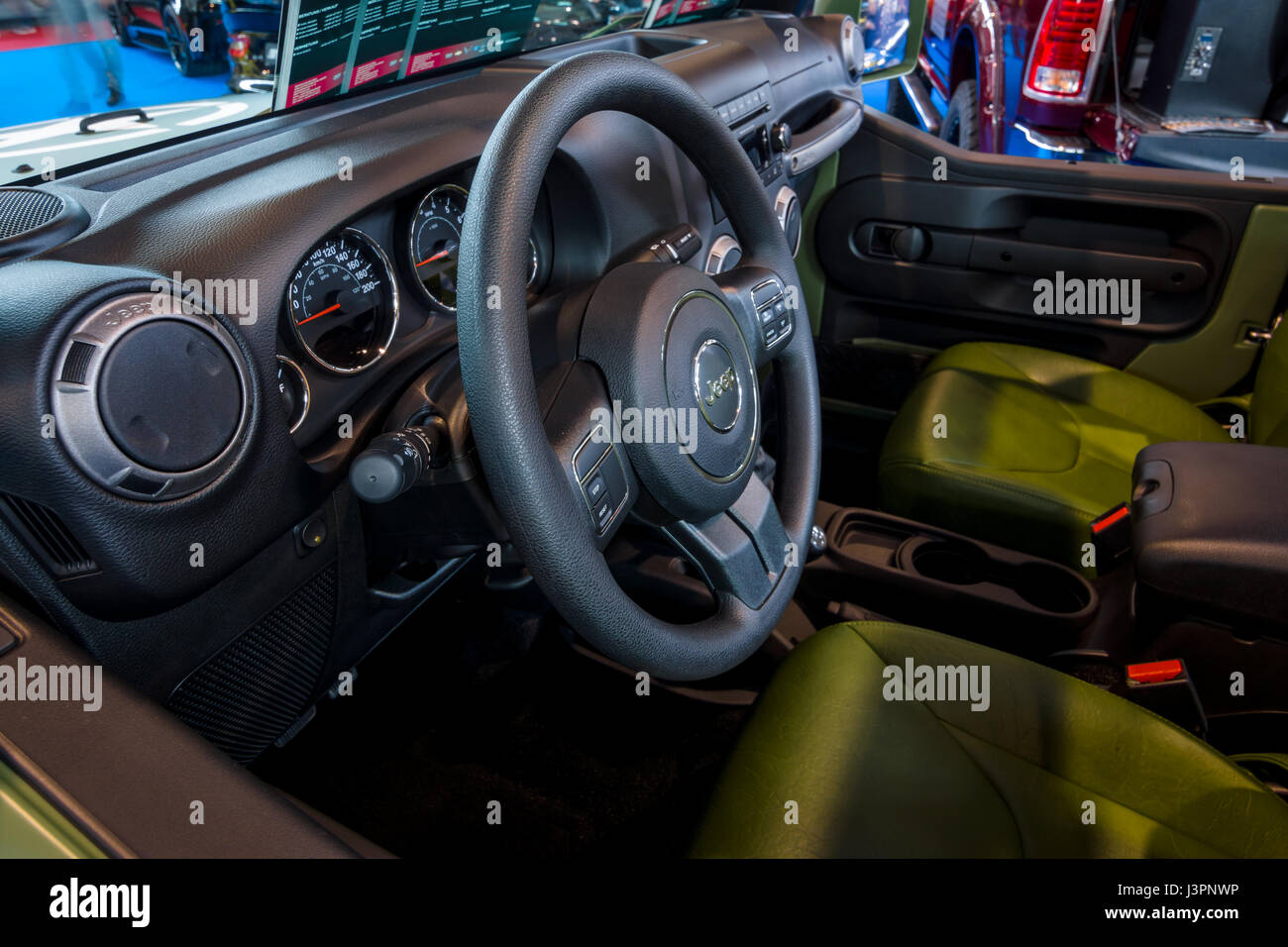 STUTTGART, GERMANY - MARCH 03, 2017: Interior of a compact SUV Jeep Wrangler (US Army), 2017. Europe's greatest classic car exhibition 'RETRO CLASSICS' Stock Photo