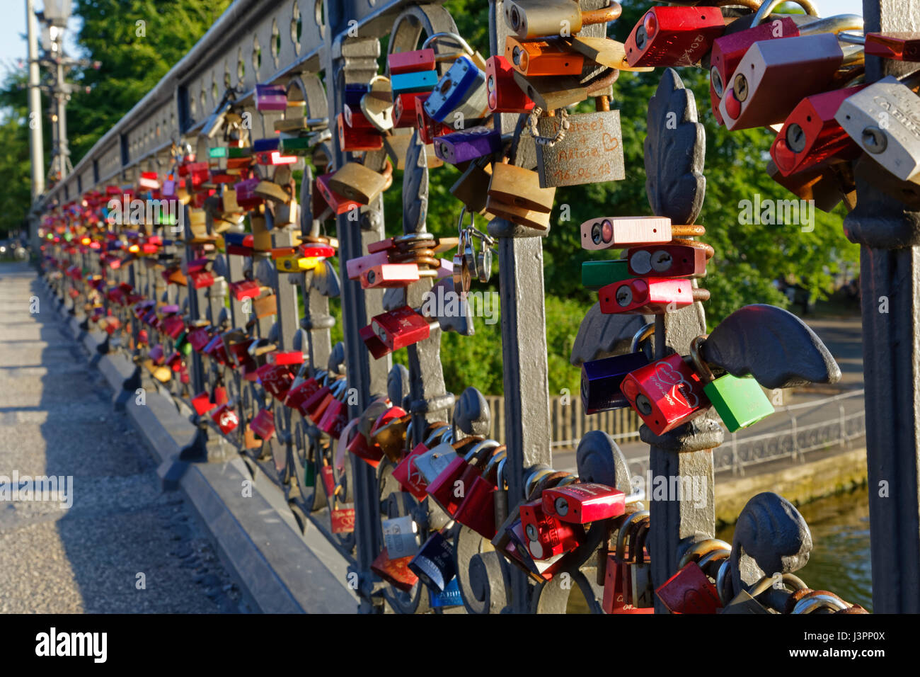 Love lock, Schwanenwikbridge handrail, Outer Alster, Hamburg, Germany Stock Photo