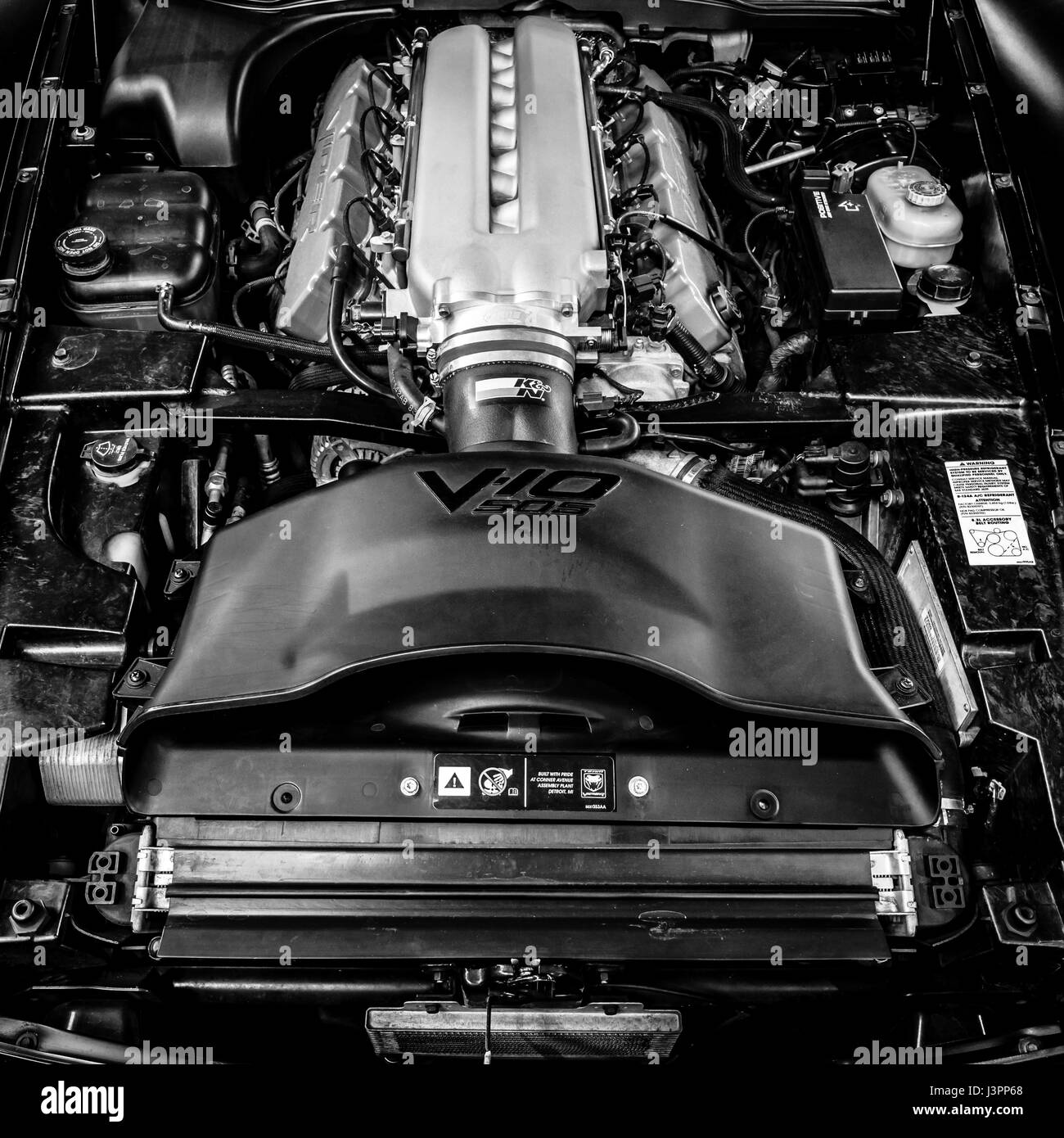 STUTTGART, GERMANY - MARCH 03, 2017: Engine of sports car Dodge Viper SRT-10, 2006. Black and white. Close-up. Europe's greatest classic car exhibition 'RETRO CLASSICS' Stock Photo