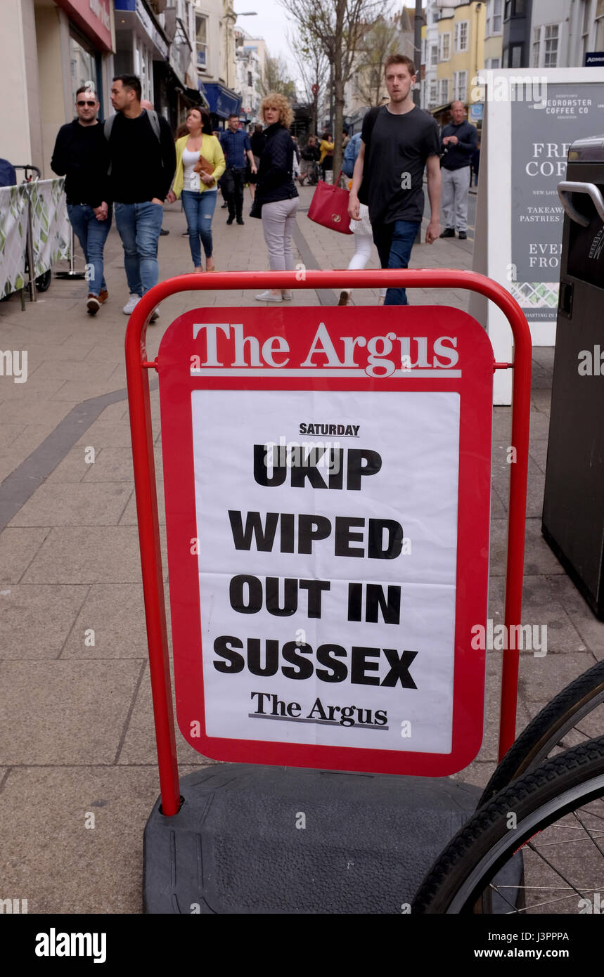 Brighton UK 6th May 2017 - Brighton Argus newspaper A Board with UKIP Wiped Out in Sussex headline after local election results announced Stock Photo