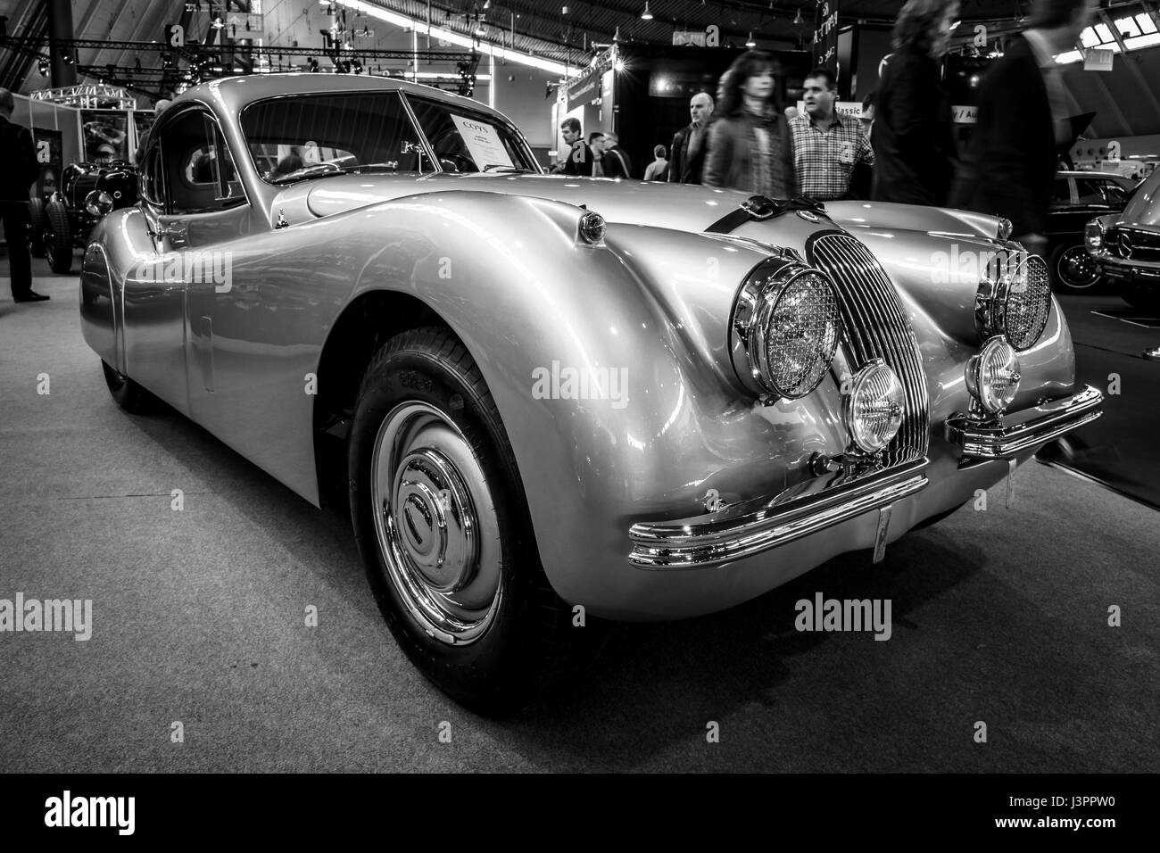 STUTTGART, GERMANY - MARCH 03, 2017: Sports car Jaguar XK120 Coupe, 1953. Black and white. Europe's greatest classic car exhibition 'RETRO CLASSICS' Stock Photo