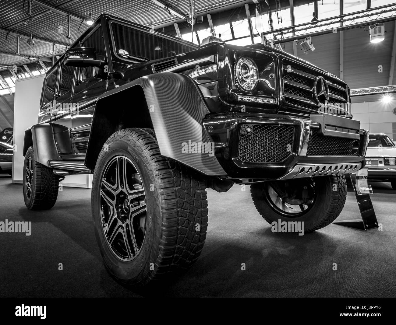 STUTTGART, GERMANY - MARCH 03, 2017: Off-road car Mercedes-Benz G500 4x4 2. Black and white. Europe's greatest classic car exhibition 'RETRO CLASSICS' Stock Photo