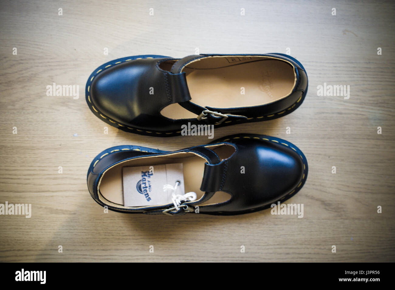 Top-down view of pair of Dr. Martens Mary Jane style shoes. Stock Photo