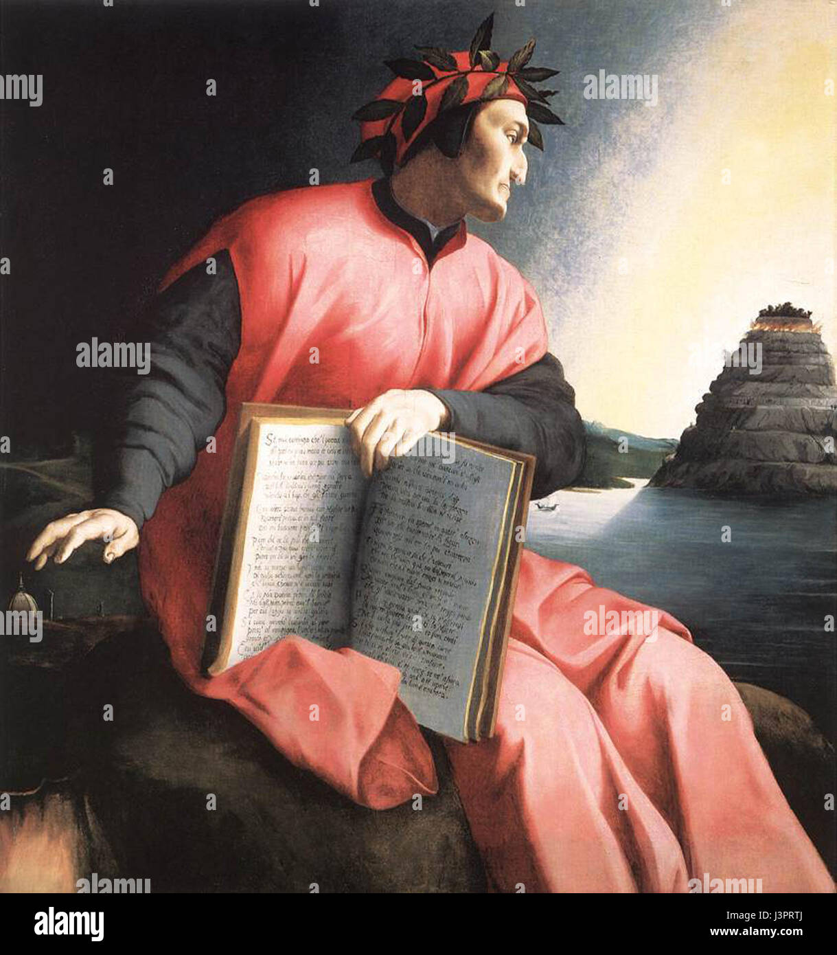 Alegorical portrait of Dante Alighieri, from Agnolo Bronzino, c. 1530. The book he holds is a copy of the Divine Comedy, open to Canto XXV of the Paradiso. Durante degli Alighieri, simply called Dante [c. 1265 – 1321), was a major Italian poet of the Late Middle Ages. His Divine Comedy, originally called Comedia (modern Italian: Commedia) and later christened Divina by Boccaccio. Stock Photo