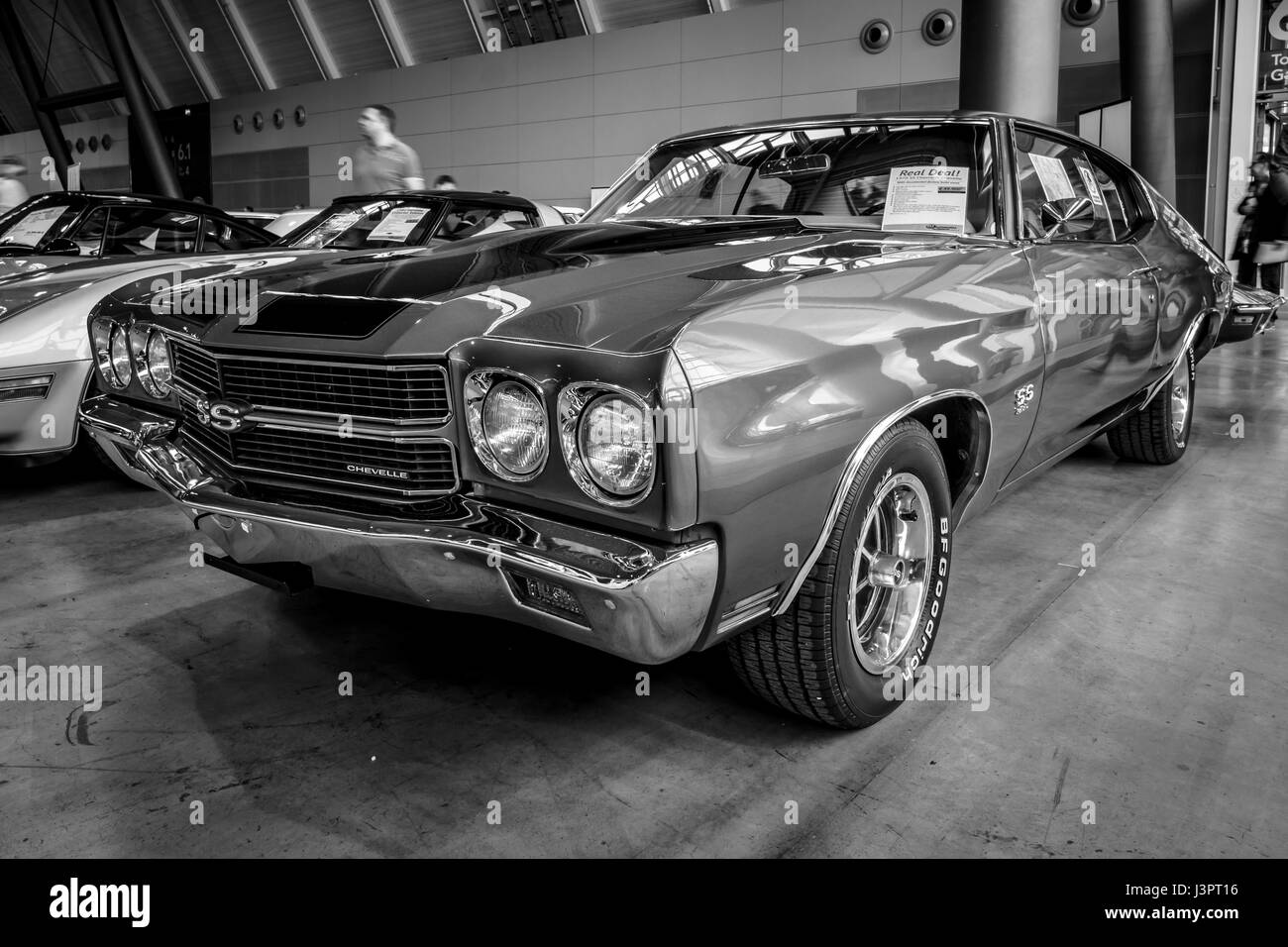 STUTTGART, GERMANY - MARCH 03, 2017: Mid-size car Chevrolet Chevelle SS, 1970. Black and white. Europe's greatest classic car exhibition 'RETRO CLASSICS' Stock Photo