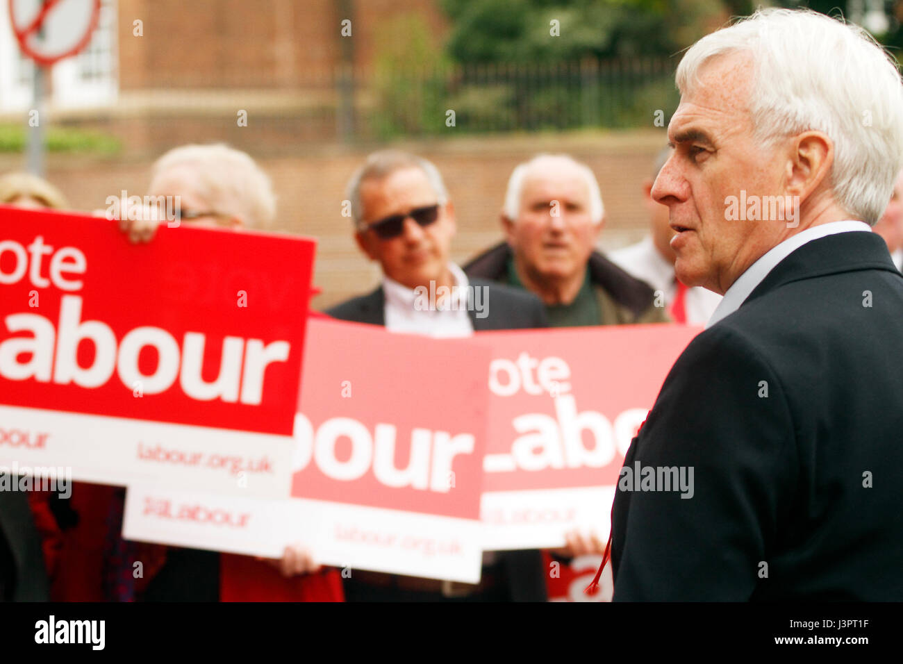 John McDonnell the Labour shadow chancellor visits his MP Colleague Sir Alan Meale MP labour MP for Mansfield. Campaign Rally in West gate Mansfield 2 Stock Photo