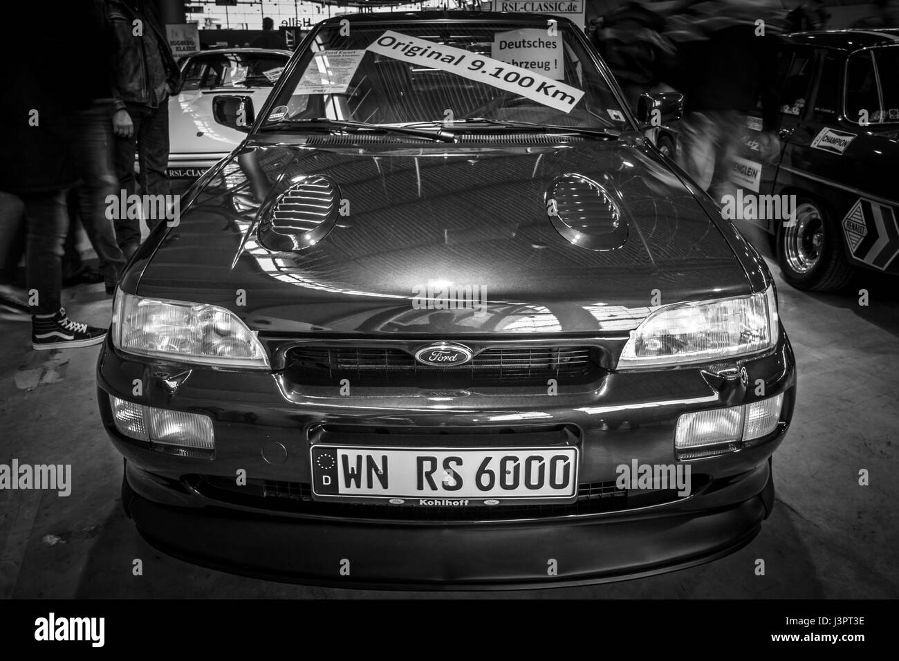 STUTTGART, GERMANY - MARCH 03, 2017: Rally special car Ford Escort RS Cosworth, 1993. Black and white. Europe's greatest classic car exhibition 'RETRO CLASSICS' Stock Photo