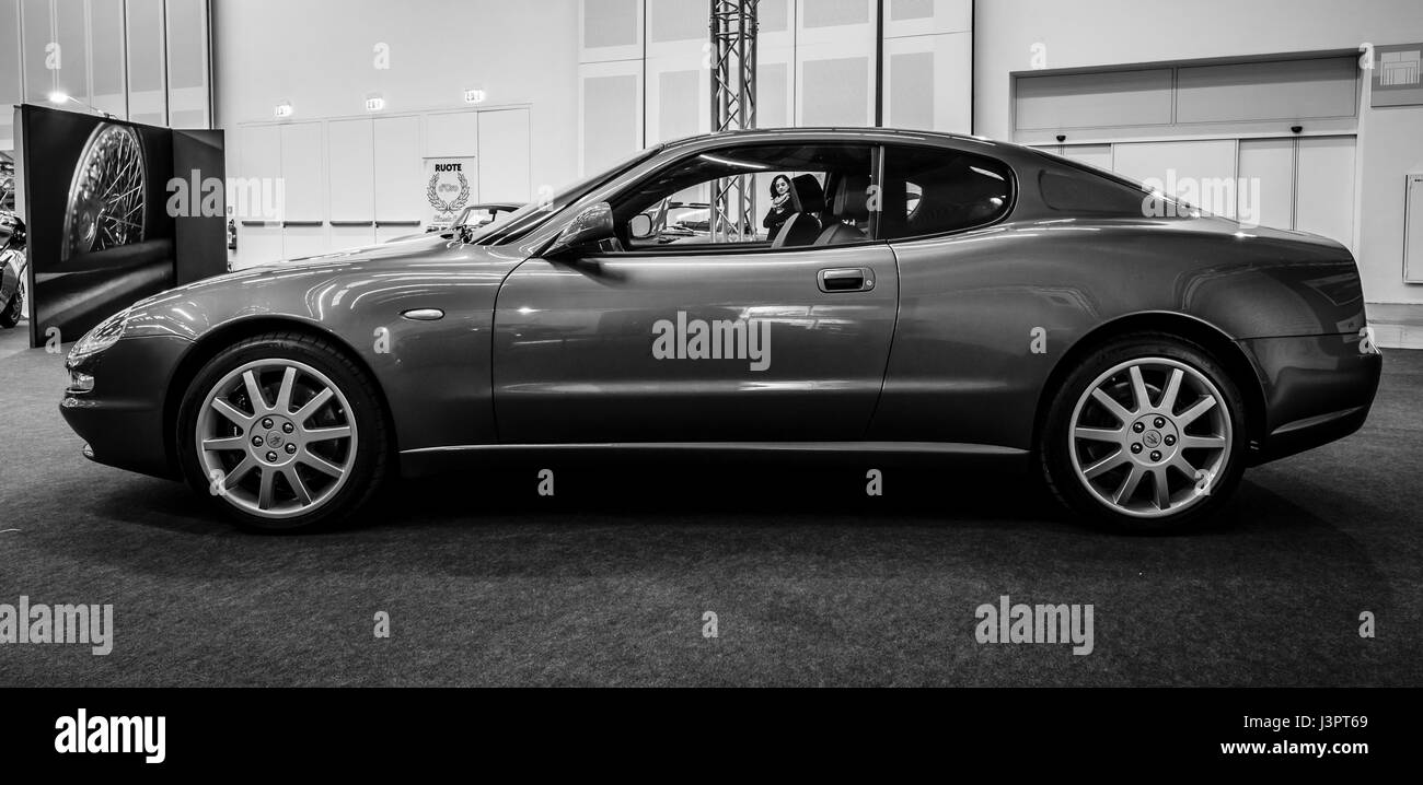 STUTTGART, GERMANY - MARCH 03, 2017: Grand Tourer car Maserati Coupe (Tipo M138), 2005. Black and white. Europe's greatest classic car exhibition 'RETRO CLASSICS' Stock Photo
