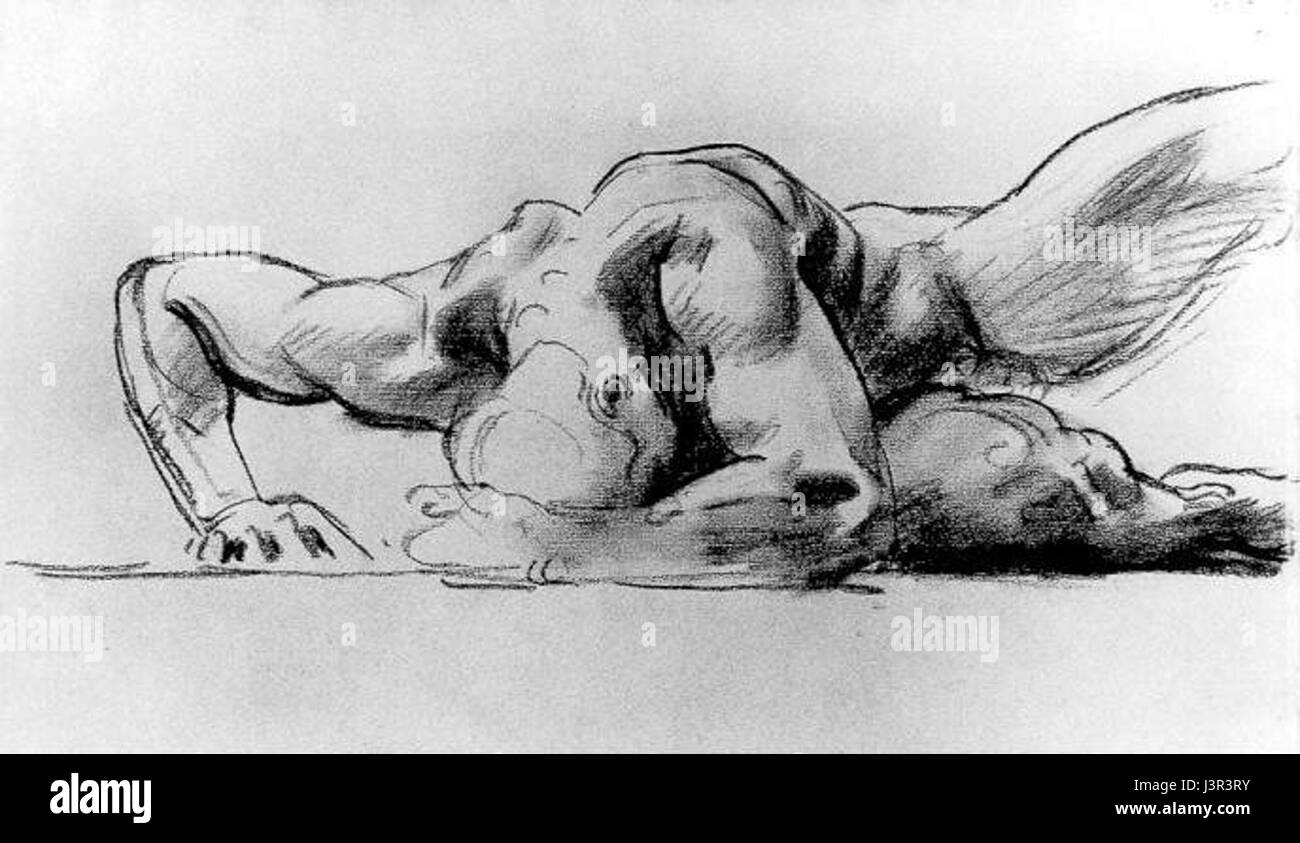 This work by John Singer Sargent is a preparatory study for a figure in his famous painting 'Hell.' It highlights Sargent's mastery of figure drawing and his detailed studies of the human form. Stock Photo
