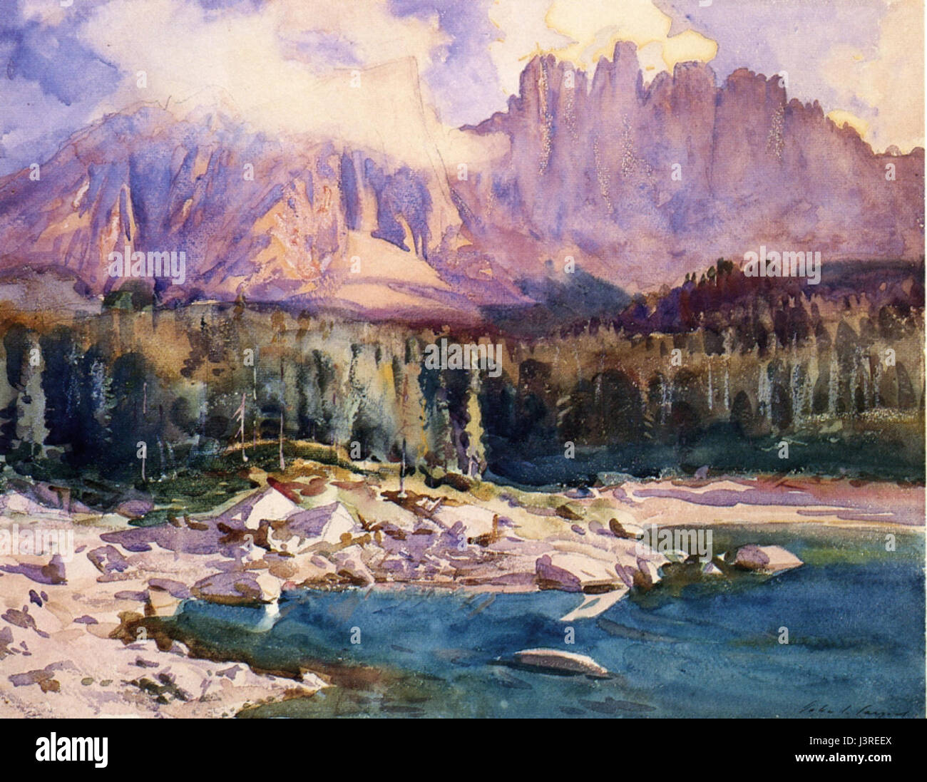 Karer See is a landscape painting created by John Singer Sargent in 1914, depicting a tranquil lakeside scene surrounded by mountains, showcasing Sargent's mastery of natural light. Stock Photo