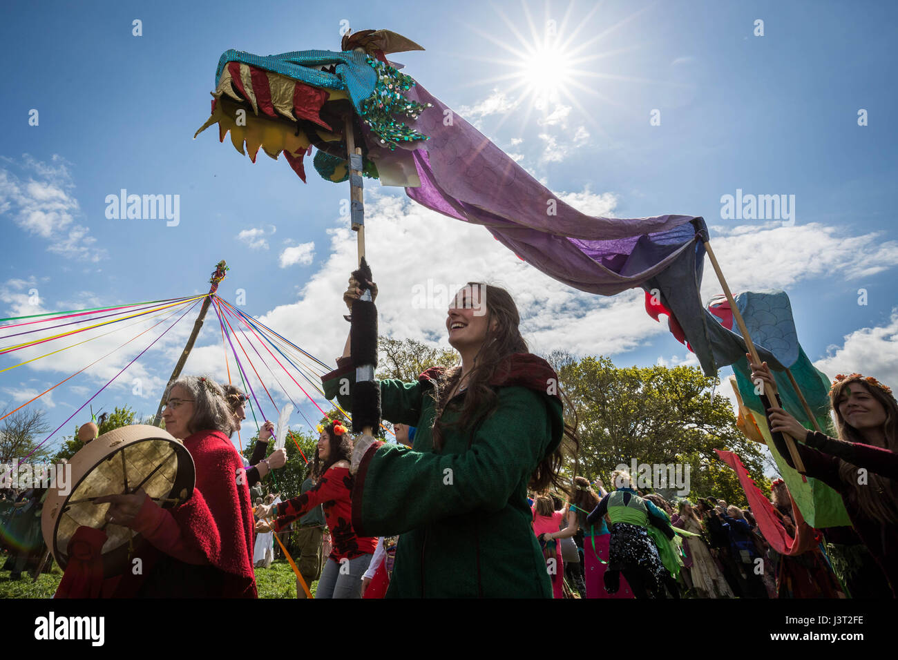Annual Beltane celebrations on May Day in Glastonbury as part of a