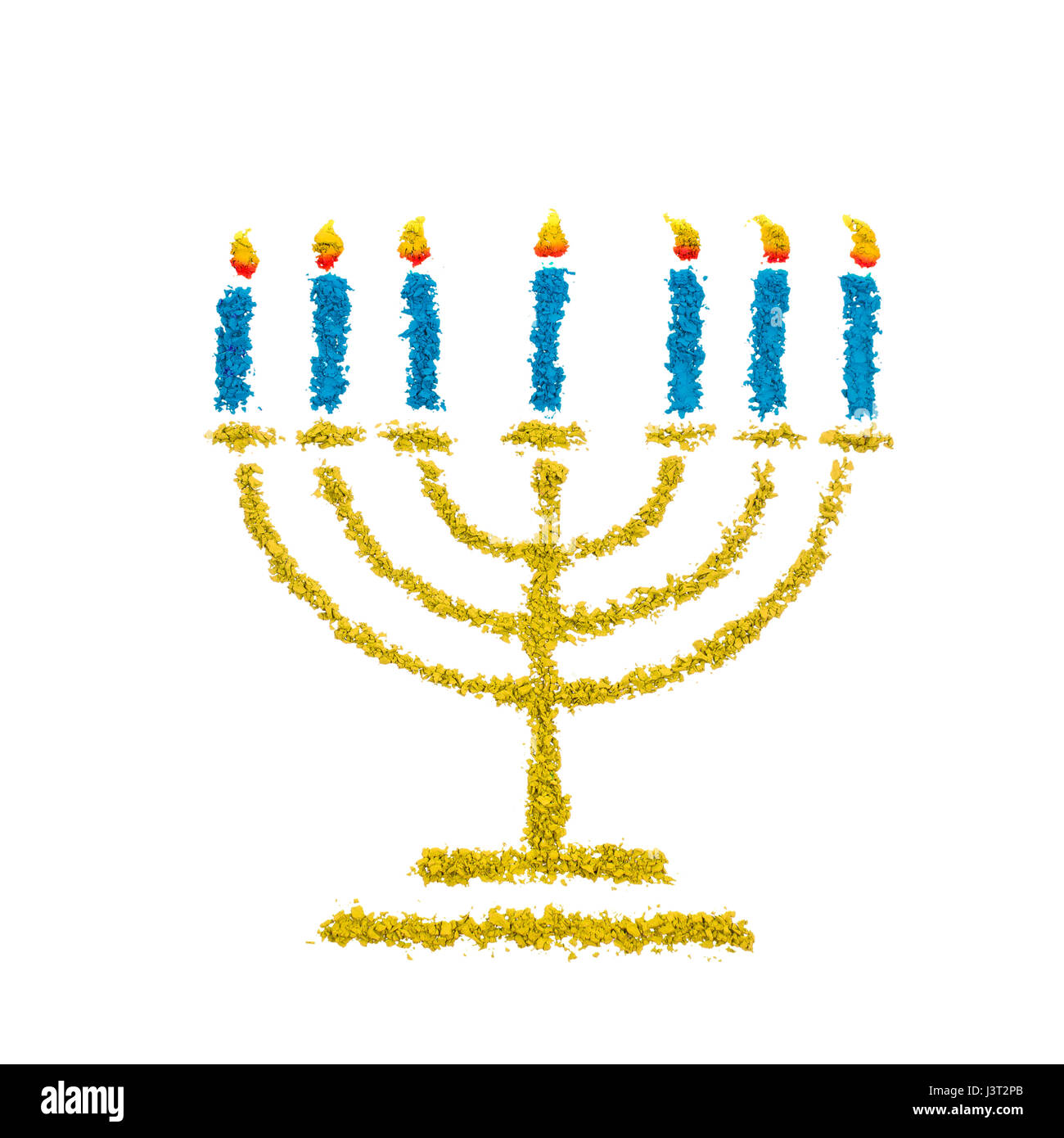 Jewish Hanukkah Menorah symbol made with color powder, isolated on a white background Stock Photo