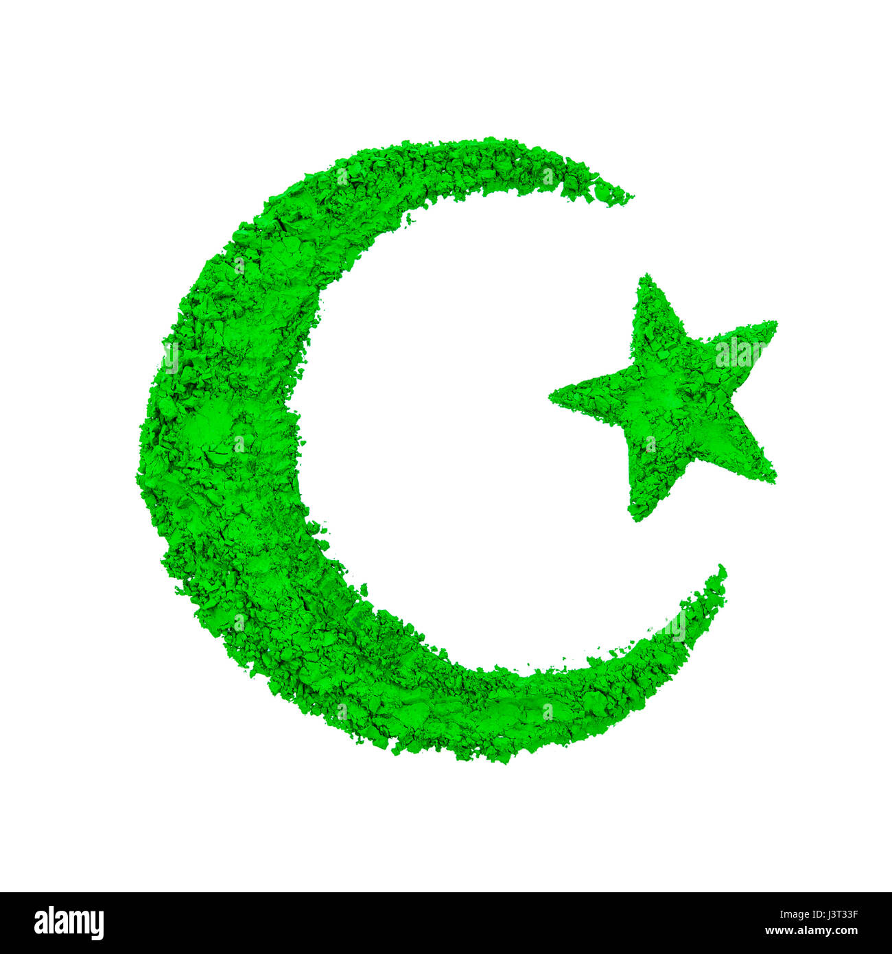 Crescent Moon and Star of Islam made with green color powder, isolated on a white background Stock Photo
