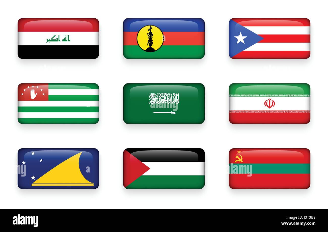 Set of world flags rectangle buttons ( Iraq . New Caledonia . Puerto Rico . Abkhazia . Saudi Arabia . Iran . Tokelau . Palestine . Transnistria ) Stock Vector