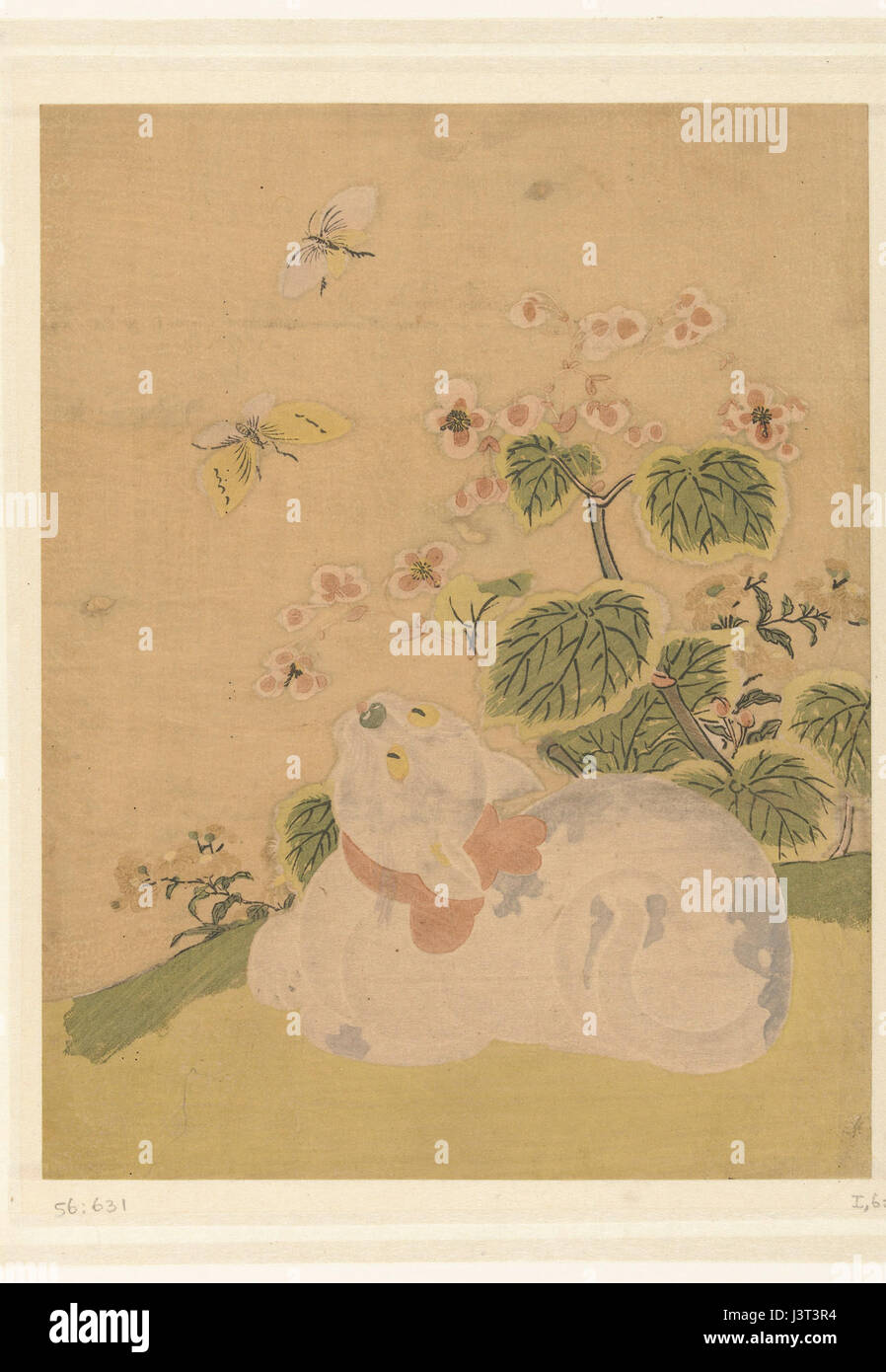 'Kat en vlinders' by an unknown artist, housed in the Rijksmuseum, features a cat and butterflies in a delicate, detailed composition, emphasizing nature's beauty. Stock Photo