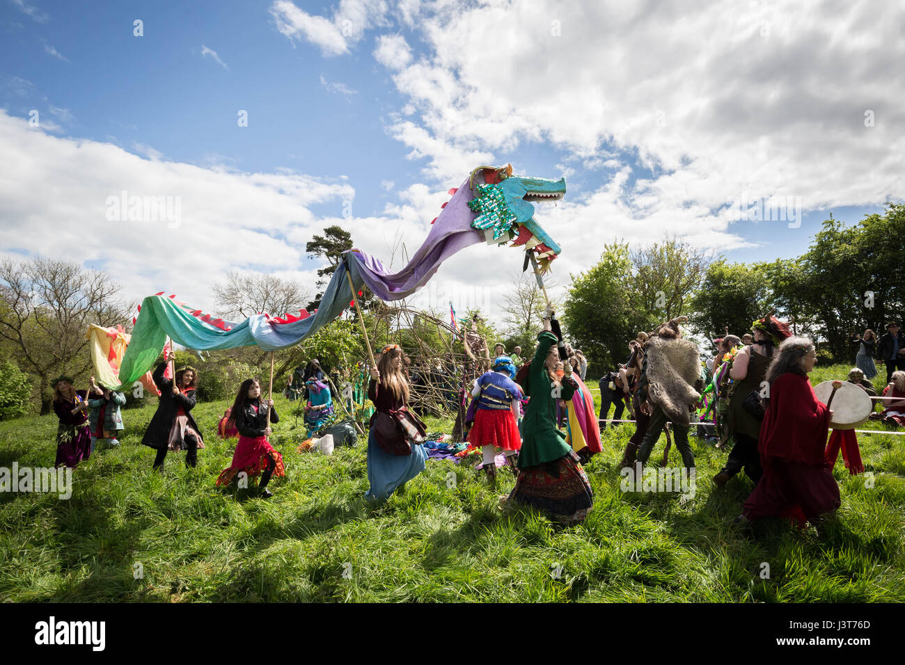 Annual Beltane celebrations on May Day in Glastonbury as part of a pagan tradition to celebrate the coming of summer. Stock Photo