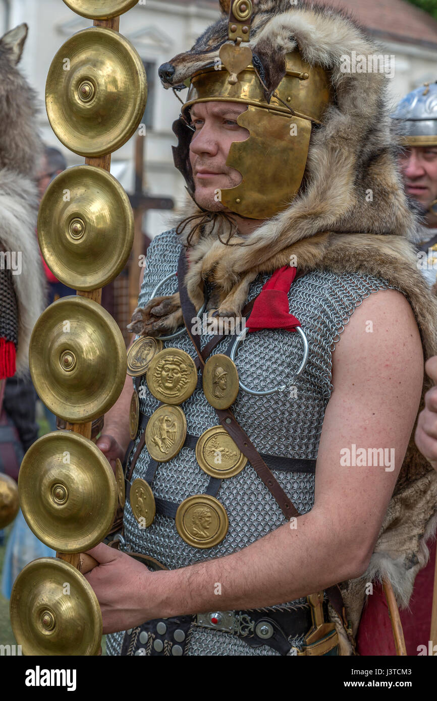 ALBA IULIA, ROMANIA - APRIL 30, 2017: Roman soldier in battle costume, present at APULUM ROMAN FESTIVAL, organized by the City Hall. Stock Photo